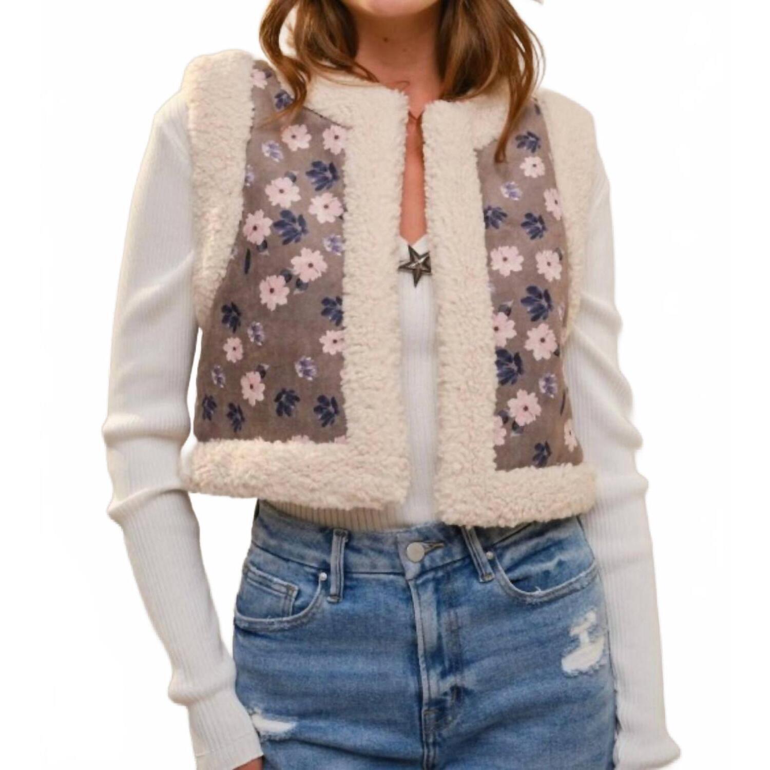 New Blue B Sherpa Lining Flower Print Faux Suede Vest In Beige Multi